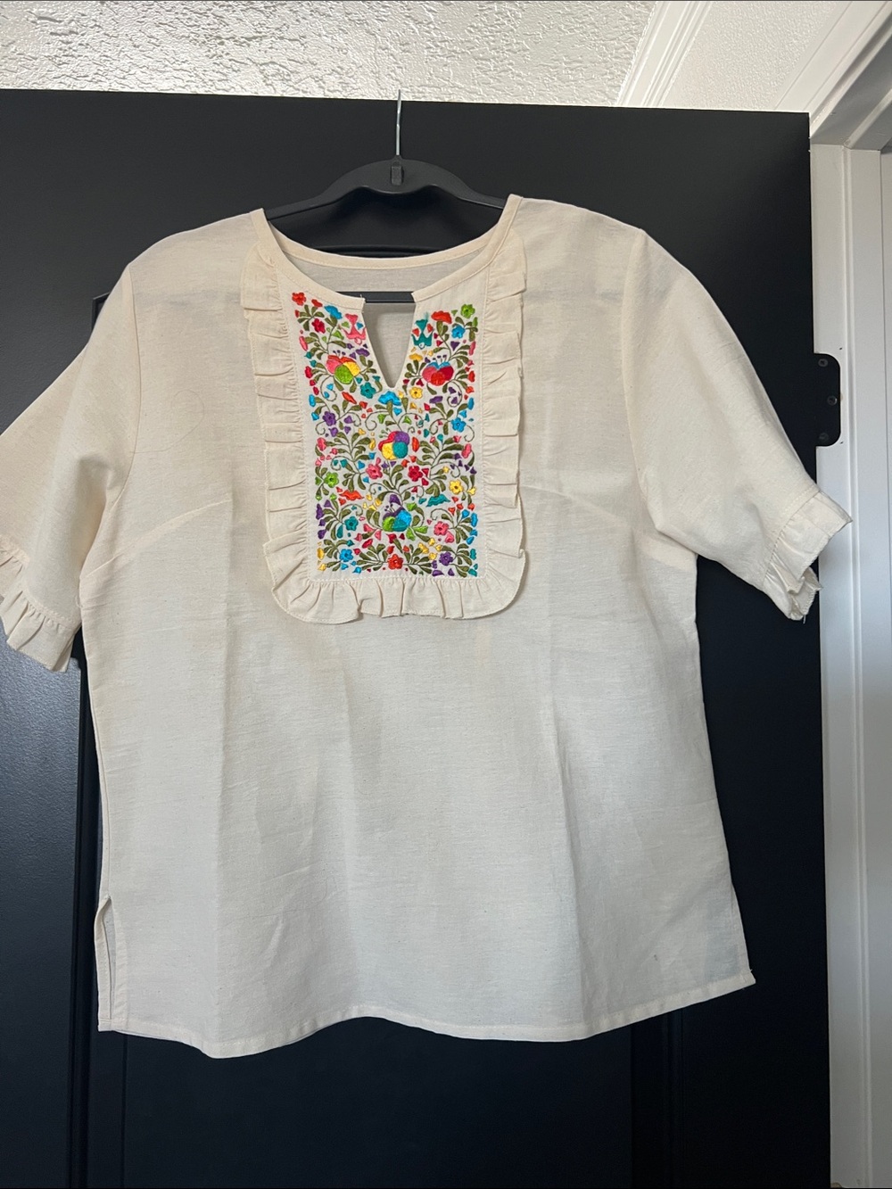 Cream Embroidered Ruffle Bib Top - womens - Picture 1 of 1